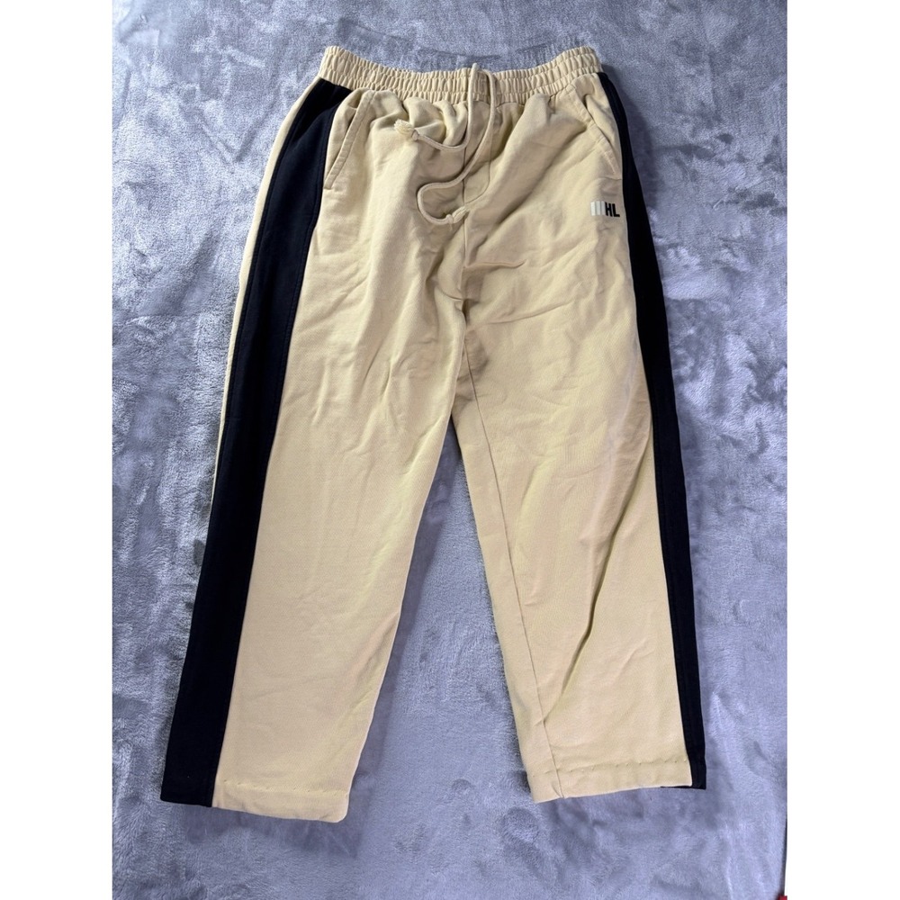 Helmut Lang Mens Size 4 Track Pants Beige Black Side Stripe Cotton Portugal
